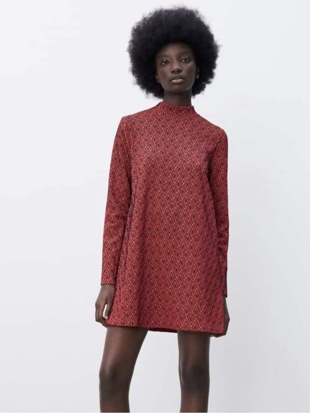Zara Geometric Jacquard Long-Sleeve Mock Neck Tunic Dress